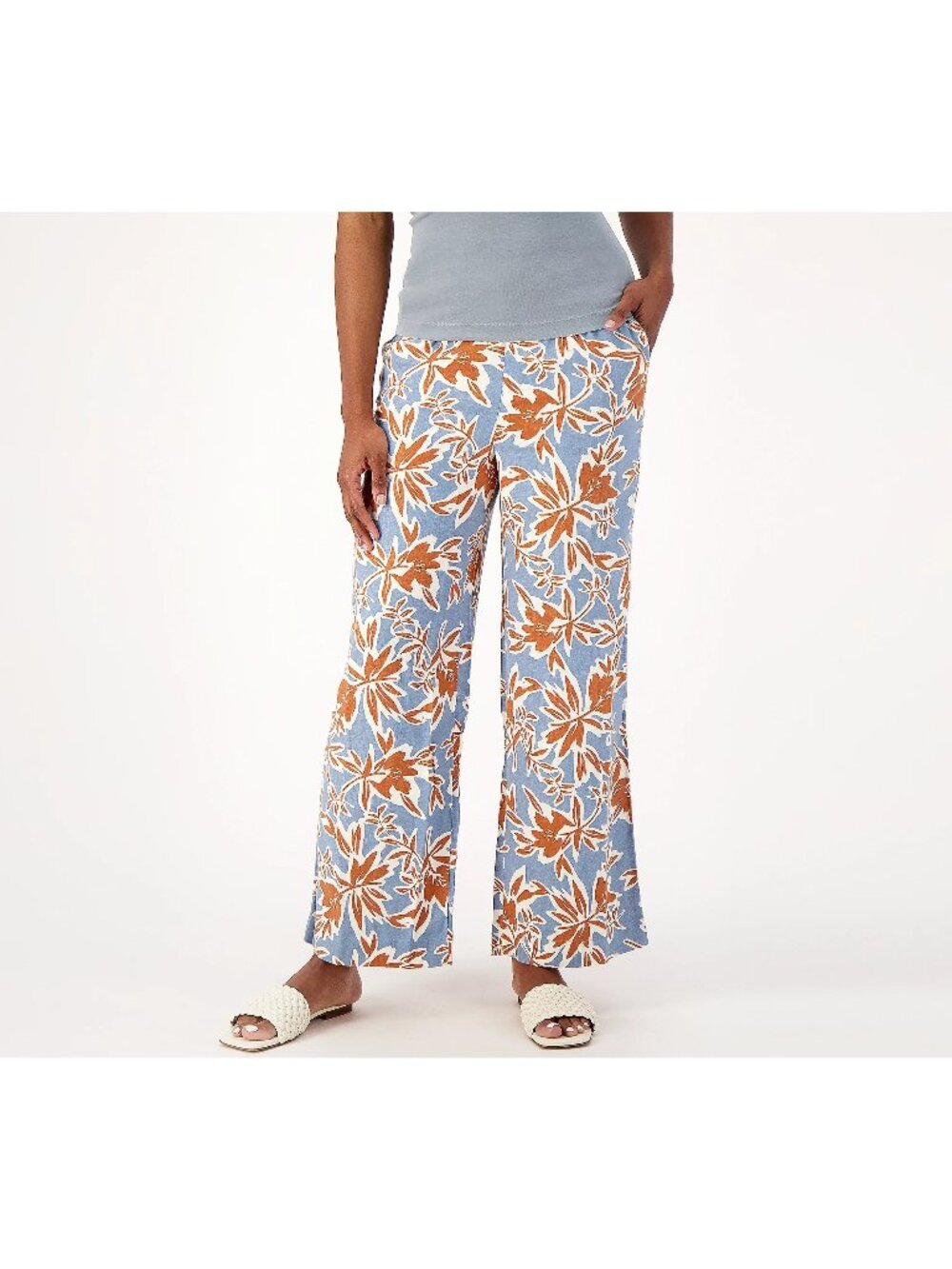 Denim and Co Linen Pants 3X Naturals Printed Blue Orange Floral Boho NEW